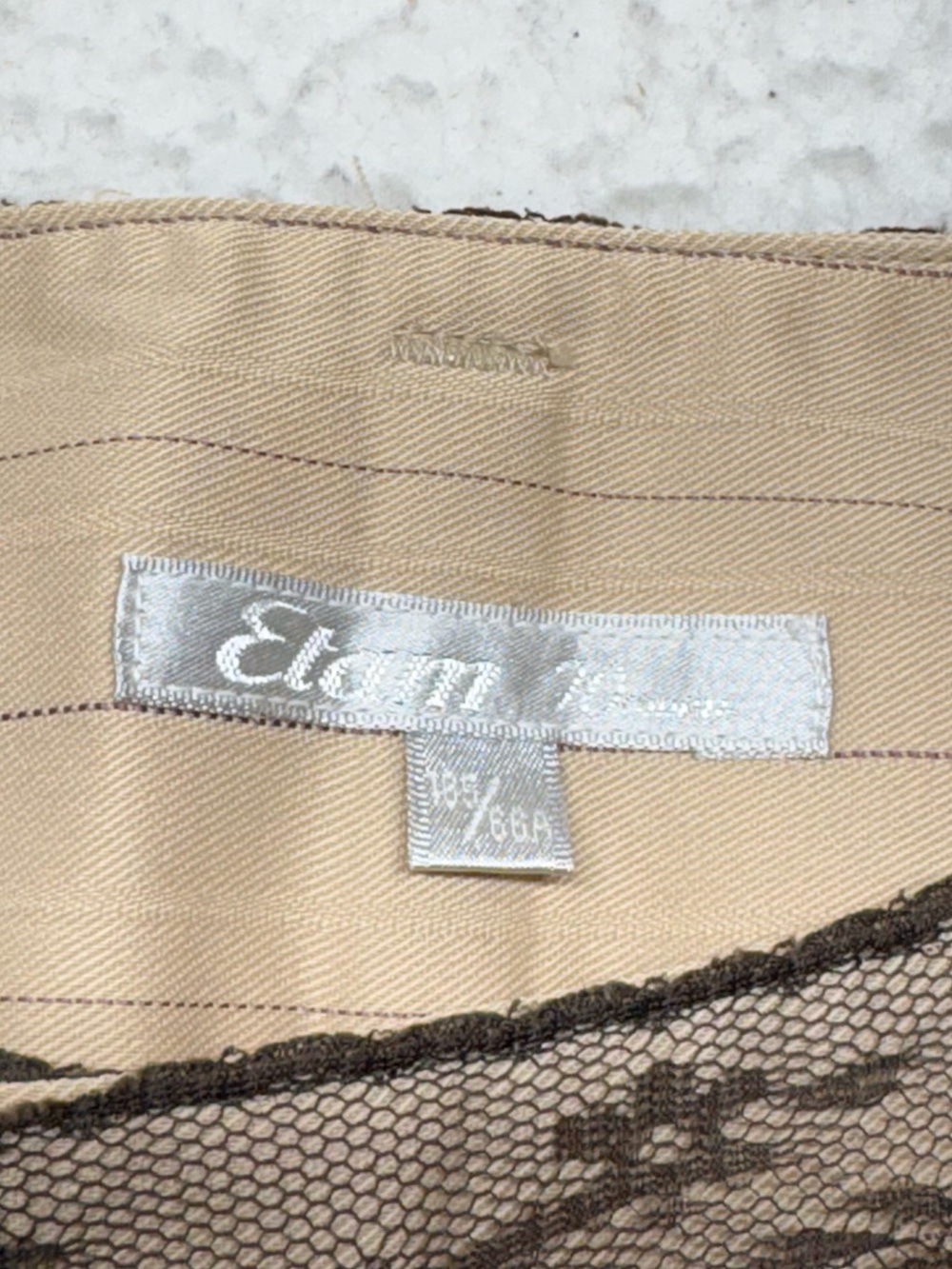 Y2K Elan Low Rise Pinstripe Flare Pants Lace Waistband Beige Black 165/66A - Picture 2 of 7